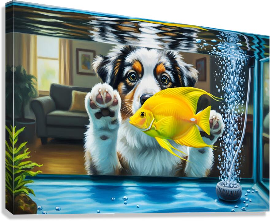 Australian Shepherd Puppy Discovers Amazing Fish Tank Canvas Print