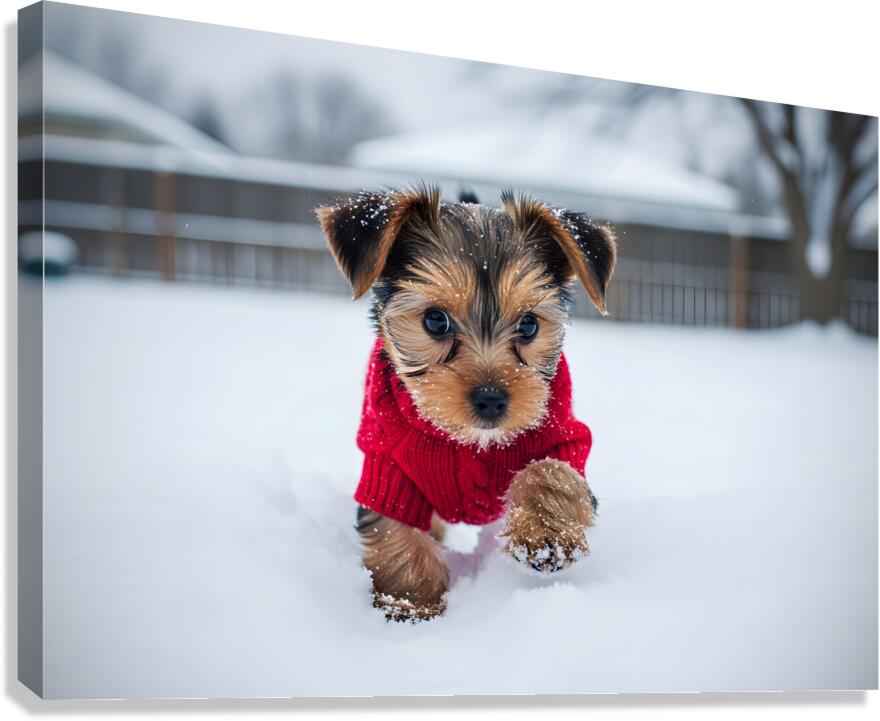 Yorkshire Terrier Puppy Watches Winter Snow Fall Canvas Print