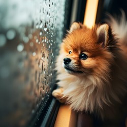 Pomeranian Puppy Watches First Raindrops Fall