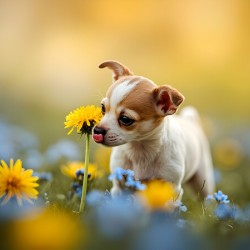 Happy Chihuahua Puppy After Sniffing Dandelion