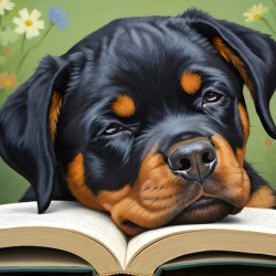 Sleepy Rottweiler Puppy Dreams Over Open Book