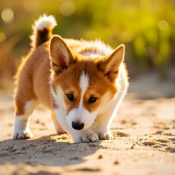 Corgi Puppy Discovers Sandy Shore