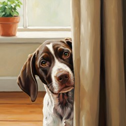 Happy Puppy Emerging From Curtain Hideout