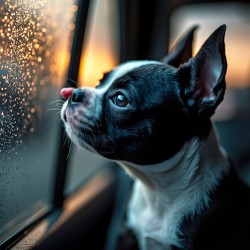Boston Terrier Puppy Watches Rain From Car Window
