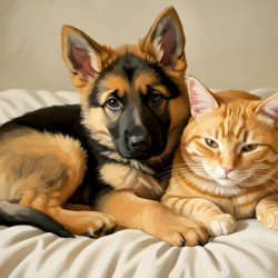 German Shepherd Puppy Snuggles With Cat Friend