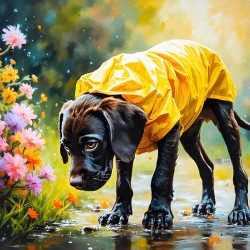 Happy Puppy Rests On Porch After Rainy Walk