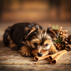 Happy Yorkshire Terrier Puppy With Nature Treasures