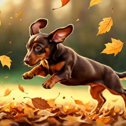 Dachshund Puppy Discovers Autumn Leaf Pile