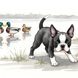 Puppy Watches His New Duck Friends Swimming Peacefully