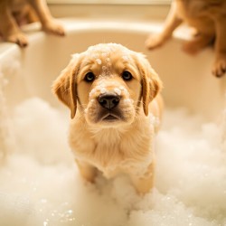 Peaceful Labrador Puppy Enjoying Calm Bath Time