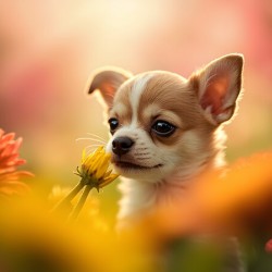 Chihuahua Puppy Discovers A Yellow Dandelion