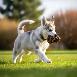 Siberian Husky Puppy Discovers Pinecone In Sunny Garden