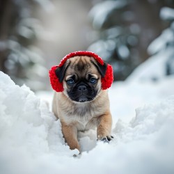 Pug Puppys First Snow Adventure With Red Earmuffs