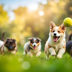 Corgi Puppy Spots Tennis Ball In Garden