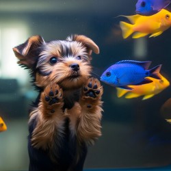 Yorkshire Terrier Puppy Discovers Amazing Aquarium World