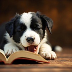 Sleepy Border Collie Puppy Naps On Open Book