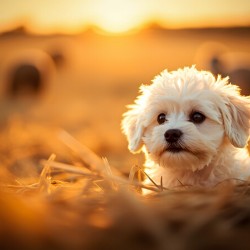Playful Bichon Frise Puppy Slides Down Haystack