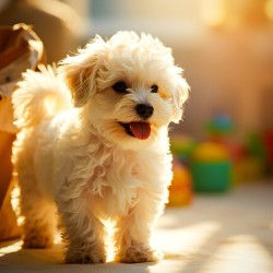 Playful Bichon Frise Puppy With Paper Bag Toy