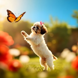 Shih Tzu Puppy Discovers Beautiful Butterfly In Garden