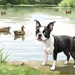 Boston Terrier Puppy Discovers A Peaceful Pond