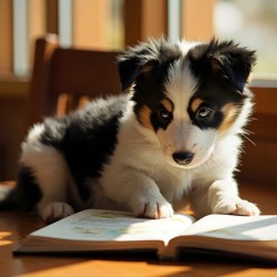 Playful Border Collie Puppy Interacts With Book Pages