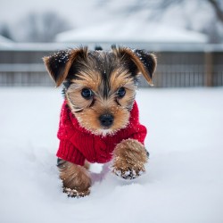 Yorkshire Terrier Puppy Watches Winter Snow Fall
