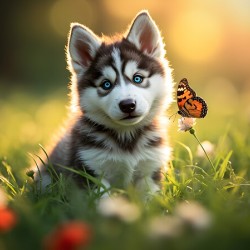 Butterfly Lands Gently On Husky Puppys Nose