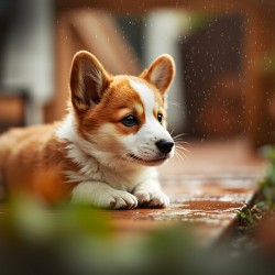 Corgi Puppy Takes Shelter From Heavy Rain