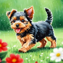Content Yorkshire Terrier Puppy Rests After Raindrop Adventure