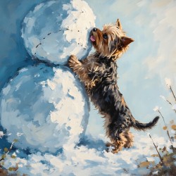 Yorkshire Terrier Puppy Discovers Winter Snowman