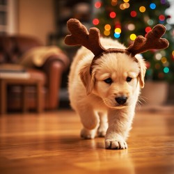 Confused Labrador Puppy With Reindeer Antlers Indoors