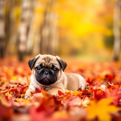 Pug Puppy Crowned With Autumn Leaf Victory