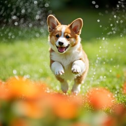 Corgi Puppy Discovers The Magical Water Fountain