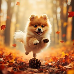 Pomeranian Puppy Carries Pinecone Through Forest