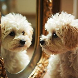 Happy Bichon Frise Puppy Wags At His Reflection