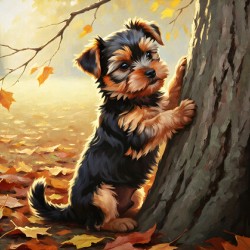Yorkshire Terrier Puppy Spots Squirrel At Tree Base