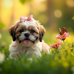 Content Shih Tzu Puppy Watches Butterfly Fly Away