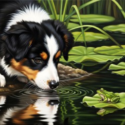 Australian Shepherd Puppy Discovers A Quiet Pond