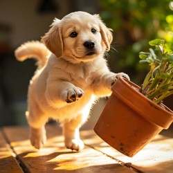 Golden Retriever Puppy Reaches For Plant Pot
