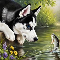 Curious Husky Puppy Discovers Garden Pond