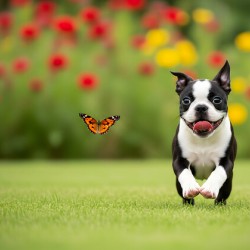 Boston Terrier Puppy And Butterfly Rest Together In Garden