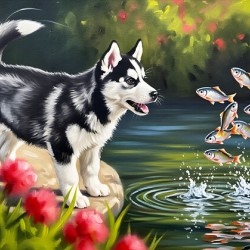 Happy Husky Puppy Enjoys Pond Watching