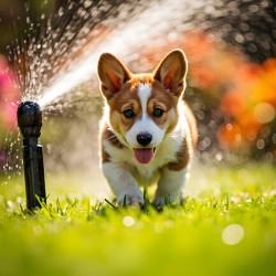 Happy Corgi Puppy Rests After Sprinkler Adventure