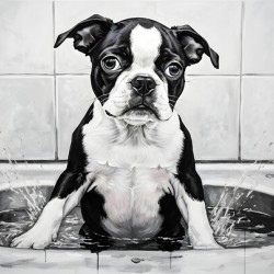 Happy Boston Terrier Puppy Enjoys Sudsy Bath Time