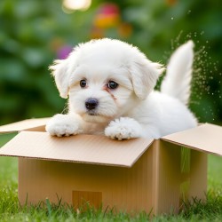 Happy Bichon Frise Puppy With Discovered Toy Treasures