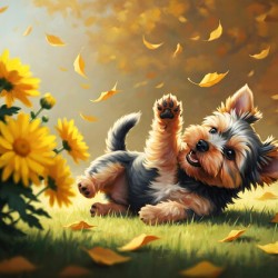 Yorkshire Terrier Puppy Successfully Catches Brown Oak Leaf