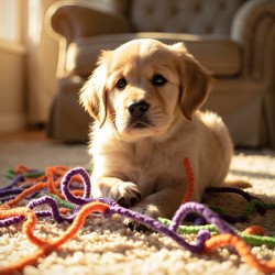 Golden Retriever Puppy Discovers Colorful Yarn Ball