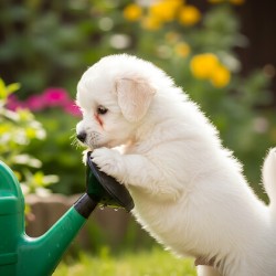 Curious Bichon Frise Puppy Discovers Garden Watering Can