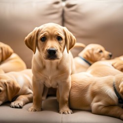 Happy Labrador Retriever Puppy Settles Into Cozy Spot