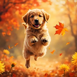 Golden Retriever Puppy Spots Dancing Autumn Leaves